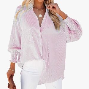 Womens Smocked Cuffed Striped Boyfriend Shirt  Long Sleeve Oversized  Blouse
